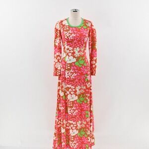 Vtg 70s Floral Maxi Dress Size S Bloomcore Retro Pink Green THE CLIQUE 60s Party